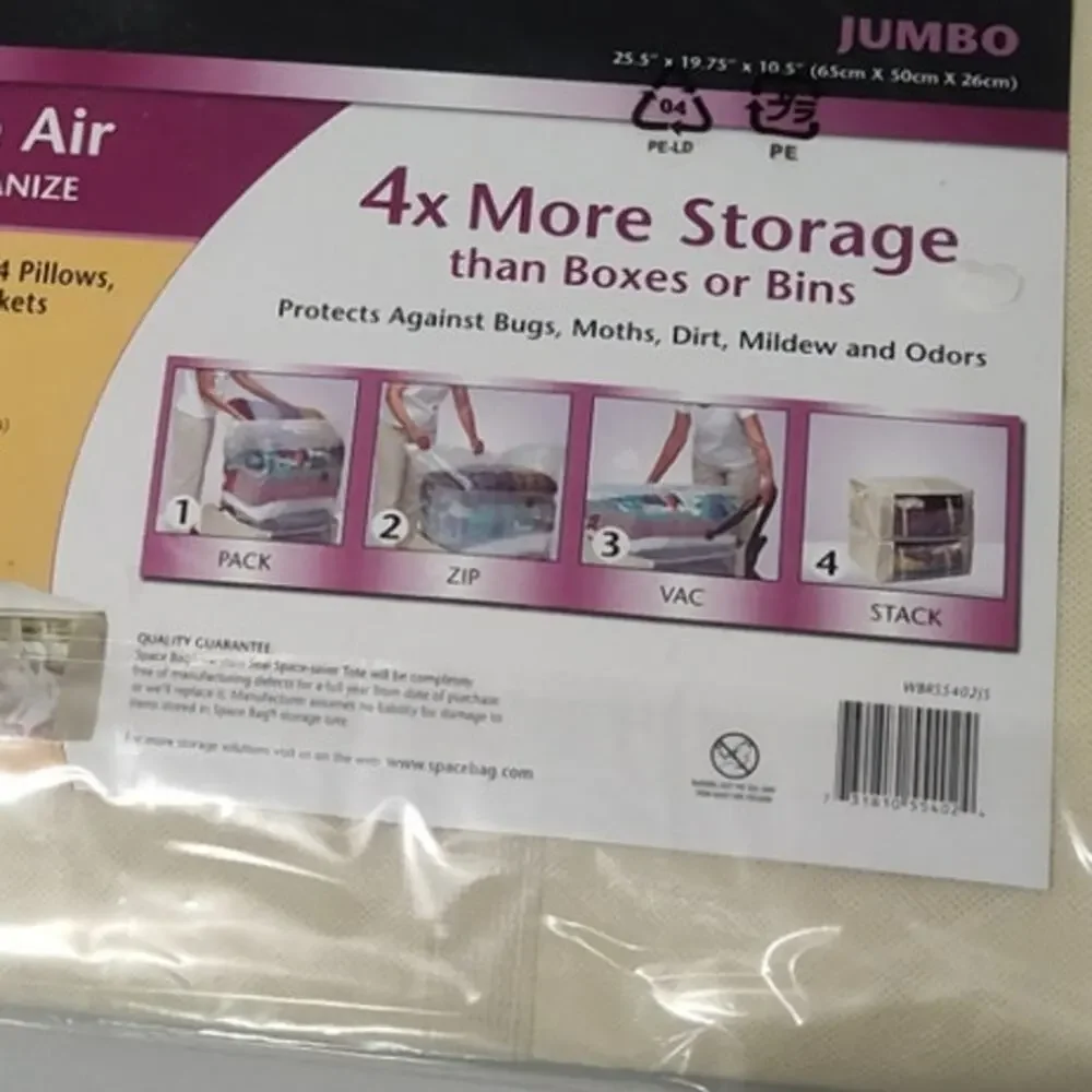 Space Bag Jumbo Vacuum Storage Tote Airtight Waterproof Zipper 25.5x19.75x10.5